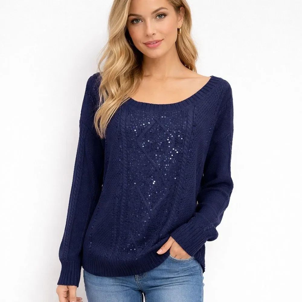 Boston Proper Solid Navy Blue Sequin Cable Knit Scoop Neck Cotton Sweater size L
